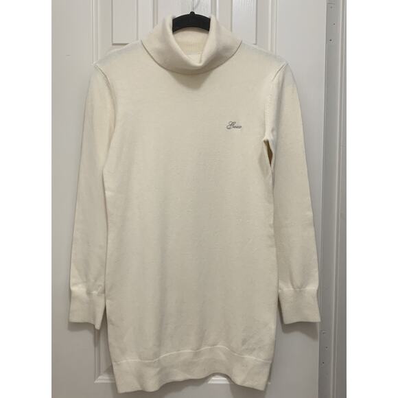 Guess Girls Cream Logo Knit Turtleneck Long Tunic Sweater Size 12 Soft Rayon - Picture 3 of 13